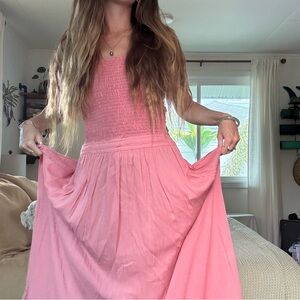Pink linen-like long tiered maxi dress with open back and strings
